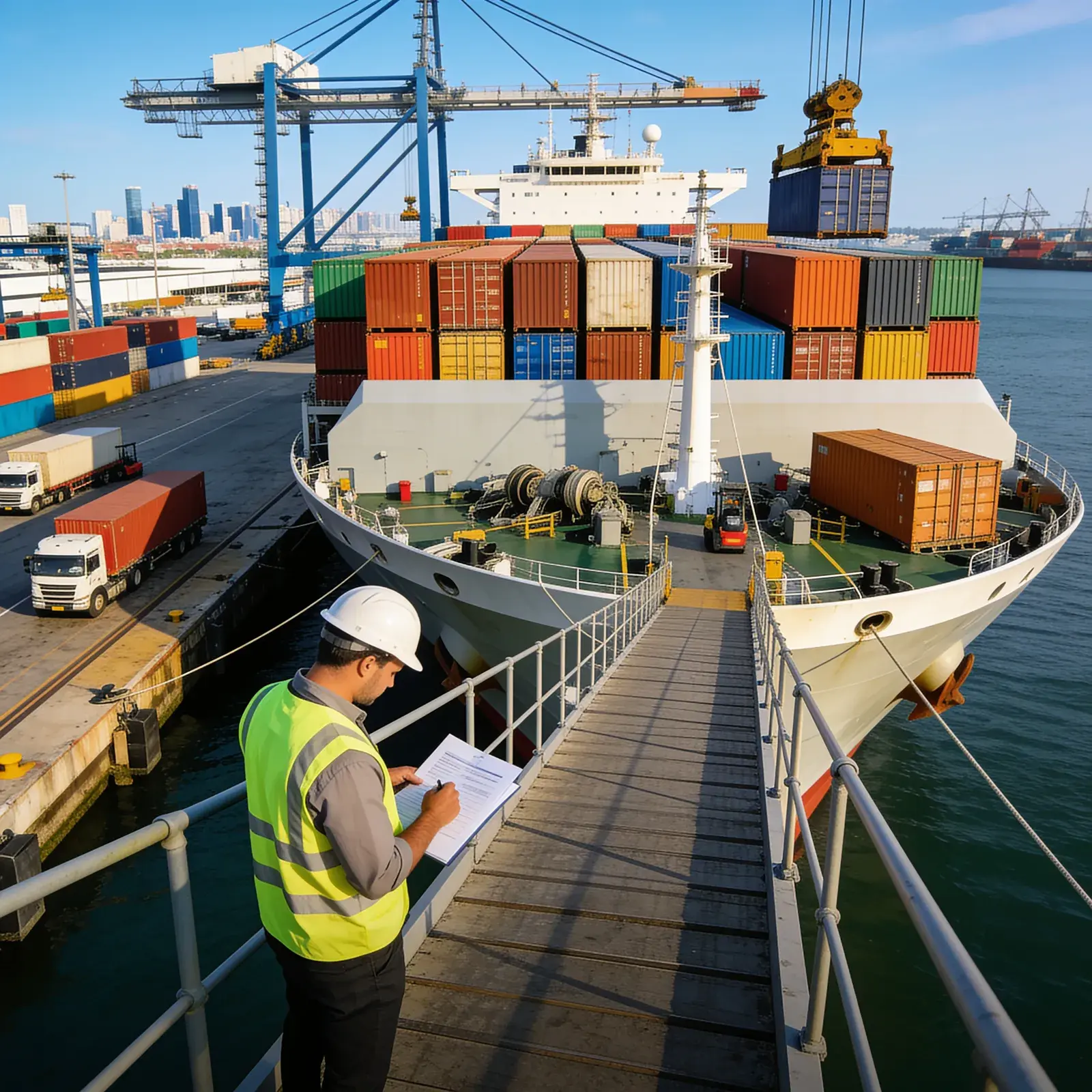 Operations supervisor checking documentation at the gangway as a container vessel is worked alongside